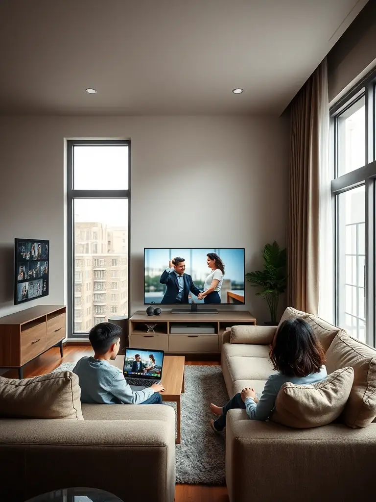 A modern apartment interior showcasing a family enjoying seamless streaming and video conferencing, highlighting the reliability of DU's fiber optic internet service.