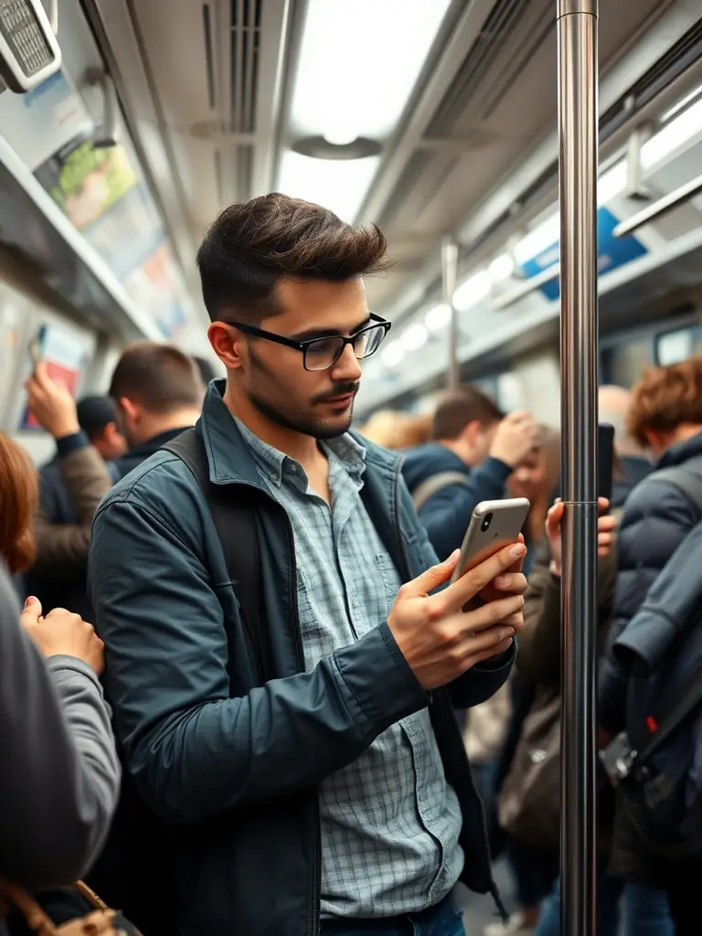 A lifestyle shot of a person using an iPhone SE while commuting on public transport, showcasing its compact size and ease of use. The image emphasizes the phone's portability and accessibility, appealing to users who value convenience.