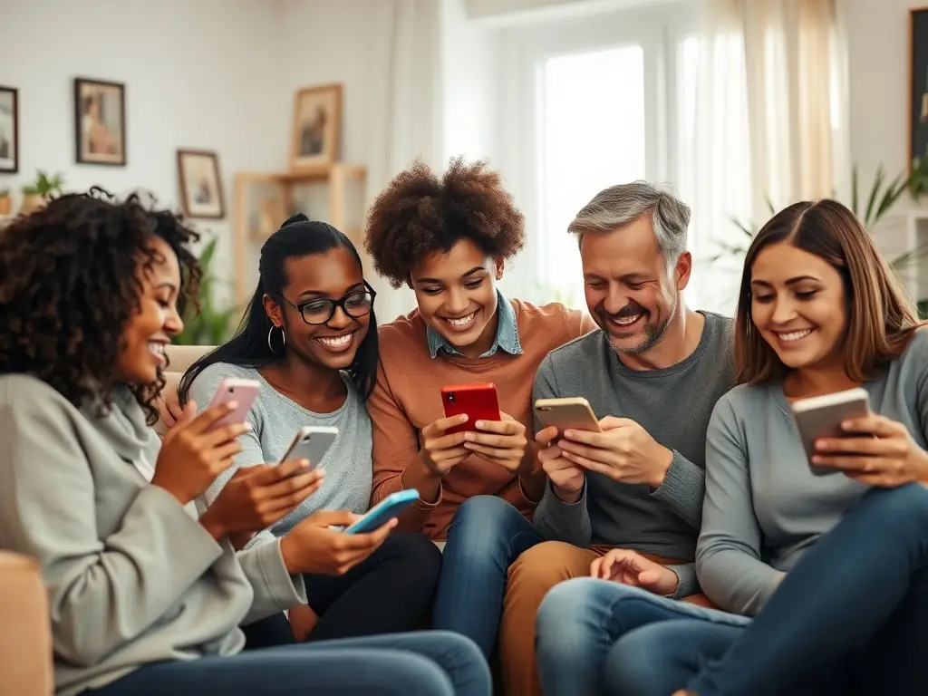 A family using their smartphones and tablets, showcasing DU's family-friendly mobile plans and offers.