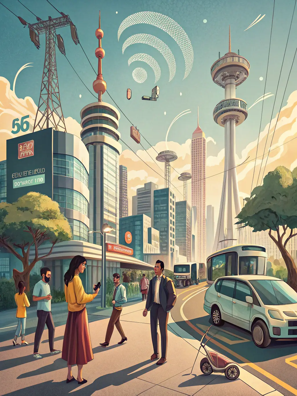 A futuristic cityscape with 5G network towers, emphasizing the widespread coverage and speed of DU's 5G internet service.