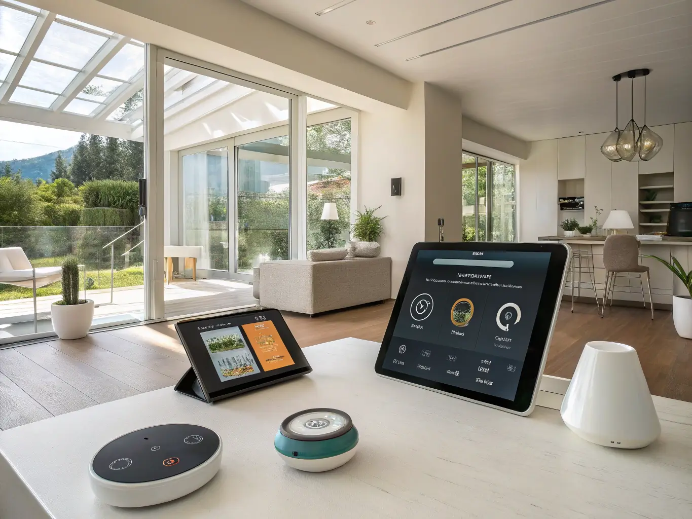 A brightly lit, modern living room featuring various smart home devices such as a smart thermostat, smart lighting, and a voice assistant device, all seamlessly integrated and controlled via a tablet. The scene emphasizes convenience and modern living.