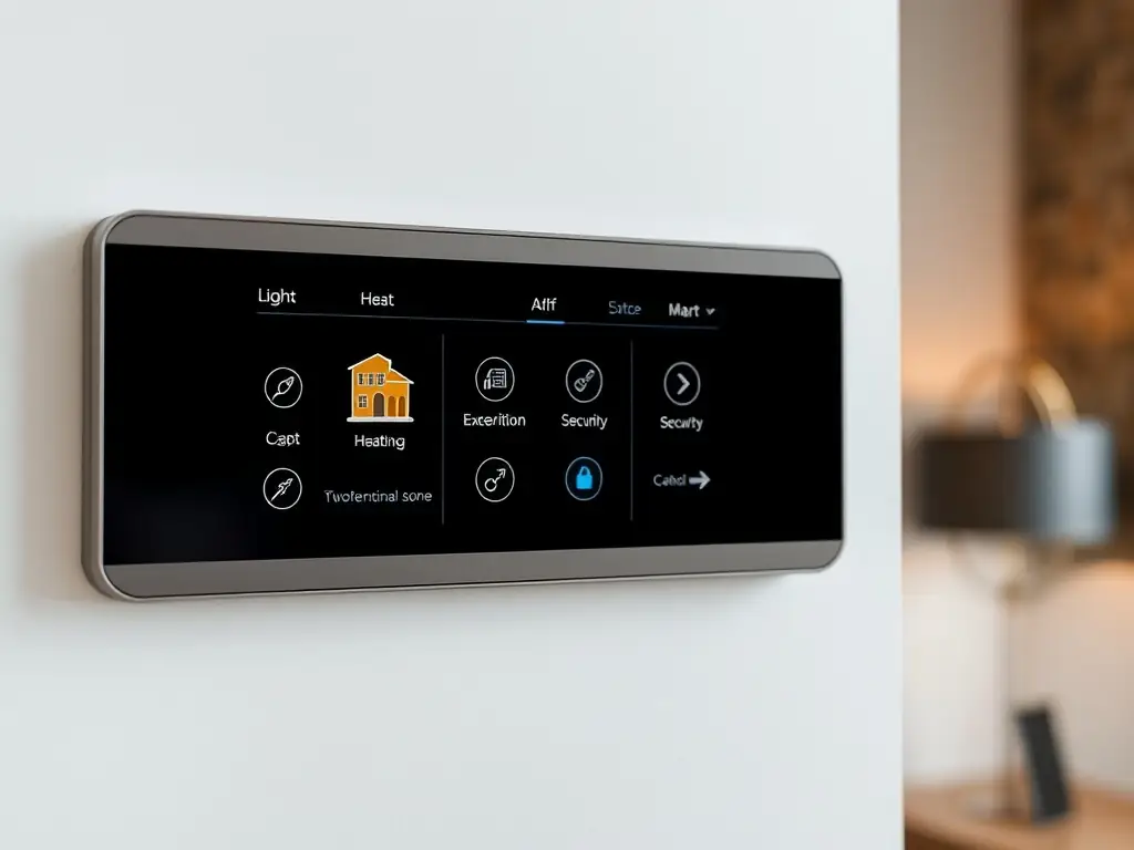 A person interacting with a smart home control panel, adjusting settings for lighting, temperature, and security. The panel displays a user-friendly interface with intuitive controls, emphasizing ease of use and customization.