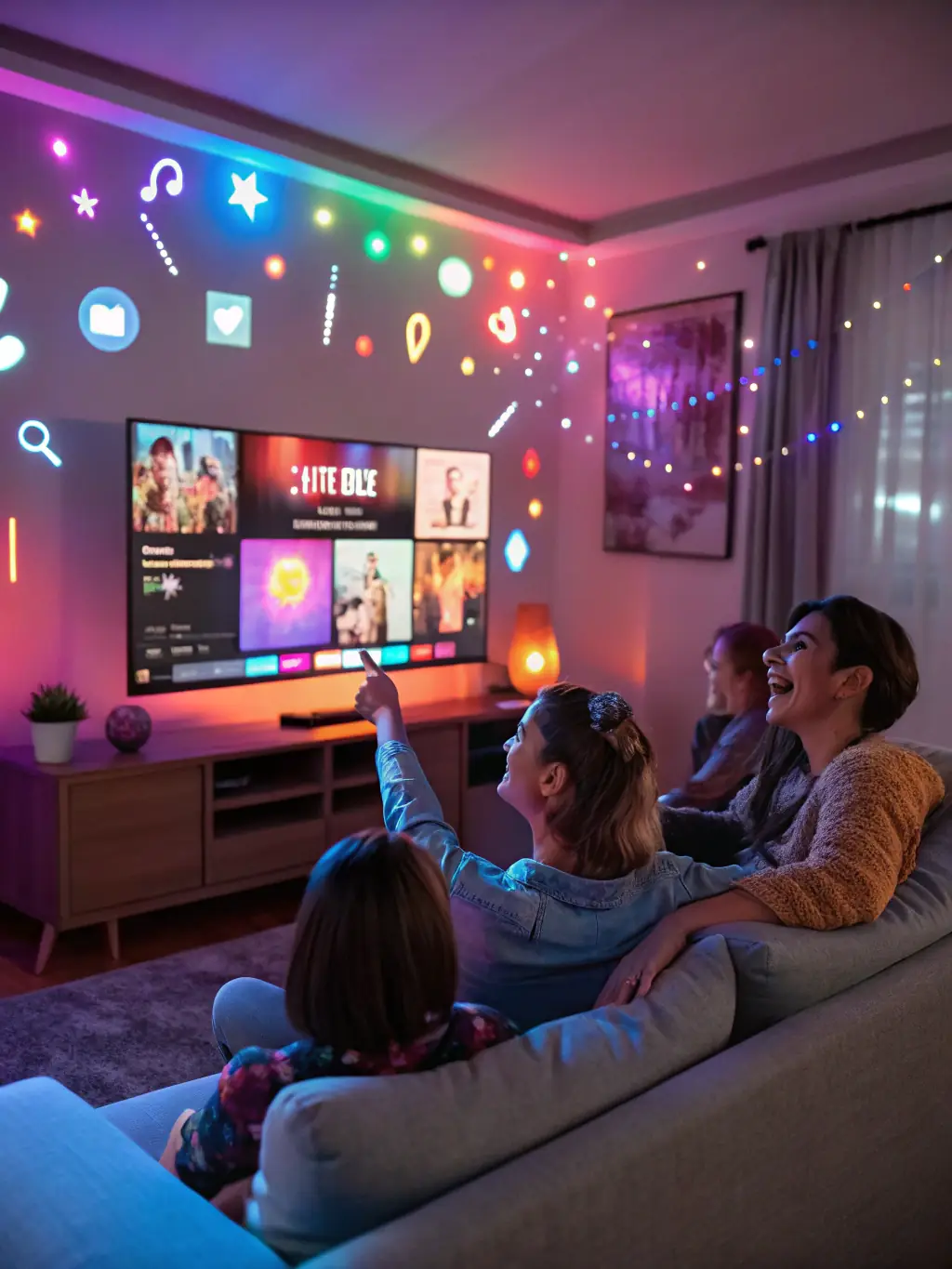 A visually appealing image of a family enjoying a wide range of TV channels on a large screen, highlighting DU's TV packages.