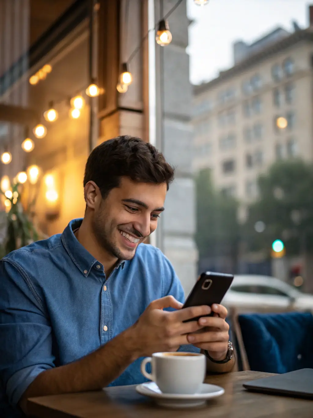 A lifestyle shot of a person using a mid-range smartphone in a coffee shop, showcasing its practicality and everyday usability. The image emphasizes the phone's affordability and essential features, appealing to budget-conscious consumers.