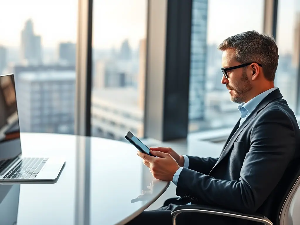 A professional using a smartphone in a business setting, highlighting DU's business-oriented mobile solutions.